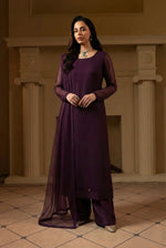 Eggplant Front Slit Chiffon Frock Set – 3 Piece
