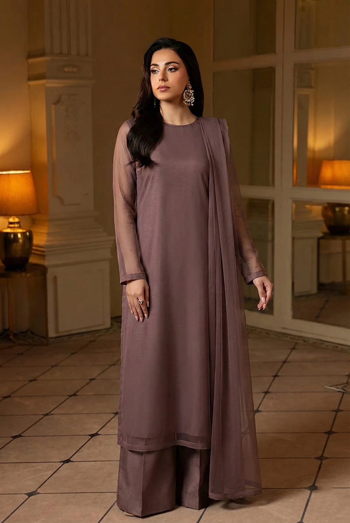 Dusty Plum Front Slit Chiffon Frock Set