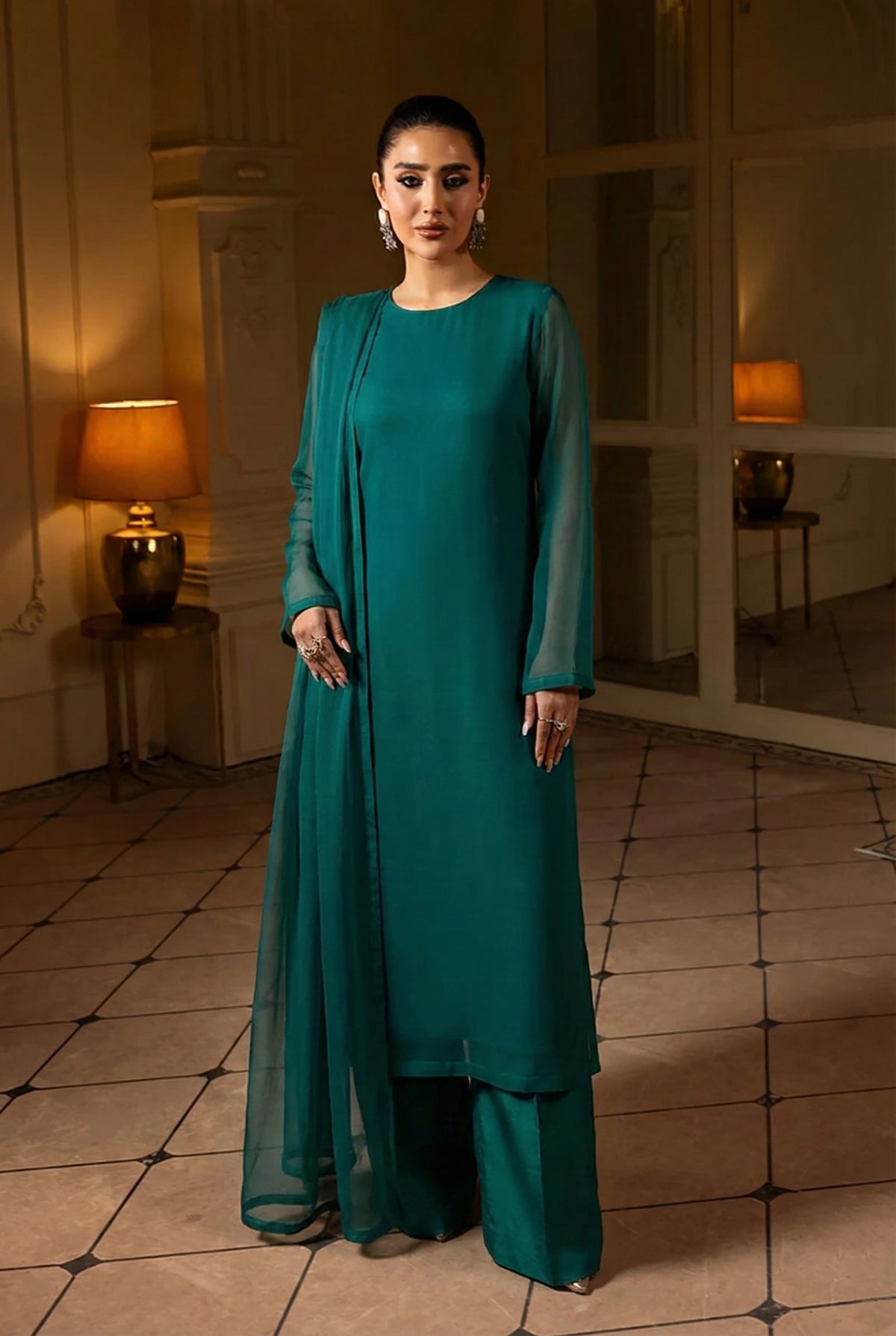 Peacock Green Elegant Front Slit Chiffon Frock Set