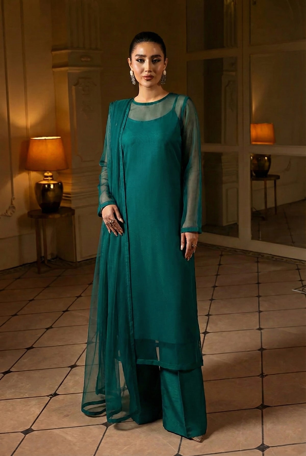 Peacock Green Elegant Front Slit Chiffon Frock Set