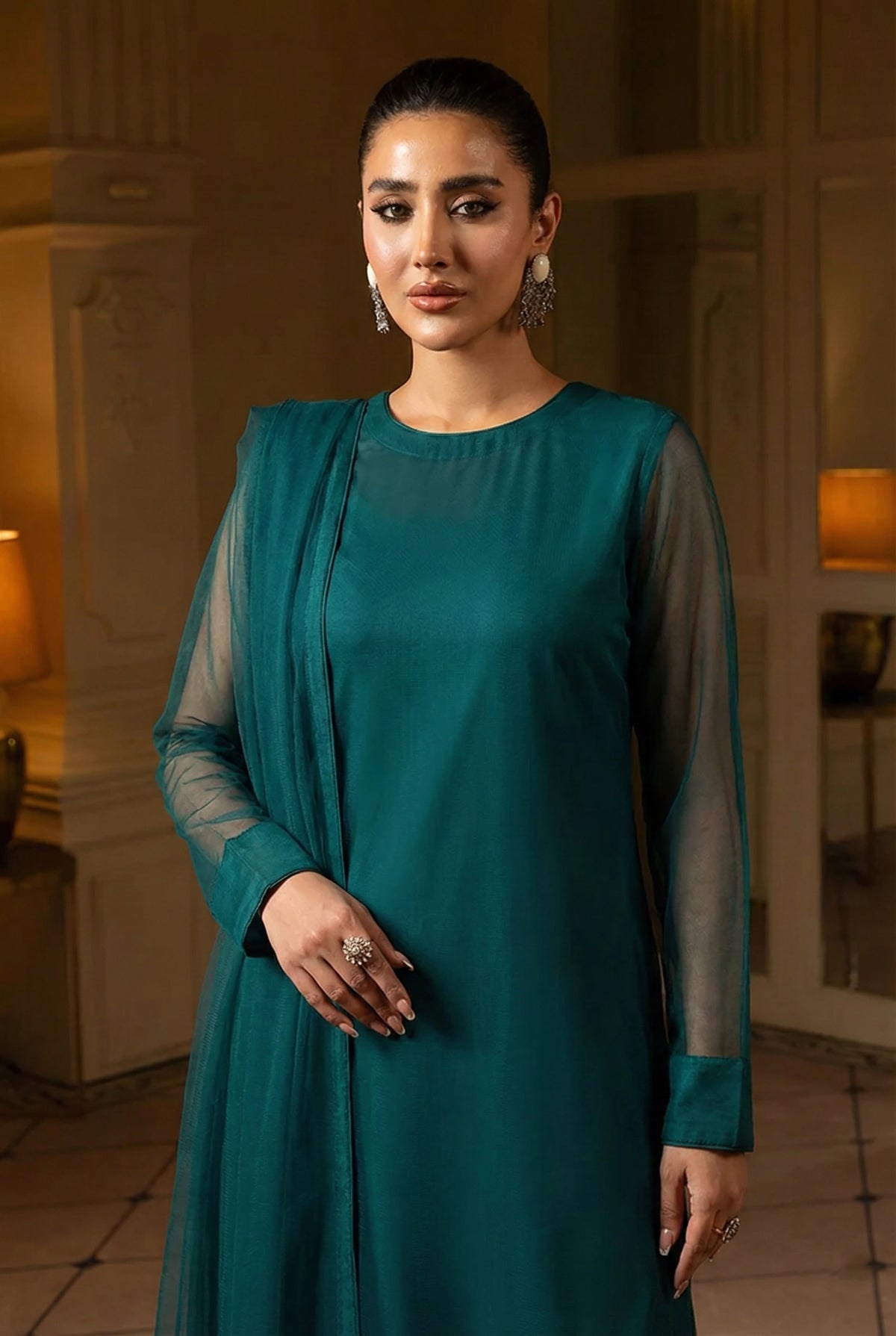 Peacock Green Elegant Front Slit Chiffon Frock Set