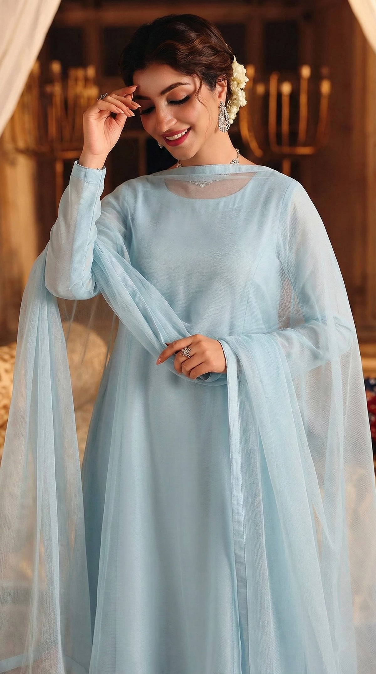 Rozaib Aqua Mist Soft Panel Long Dress – 3 Piece Set