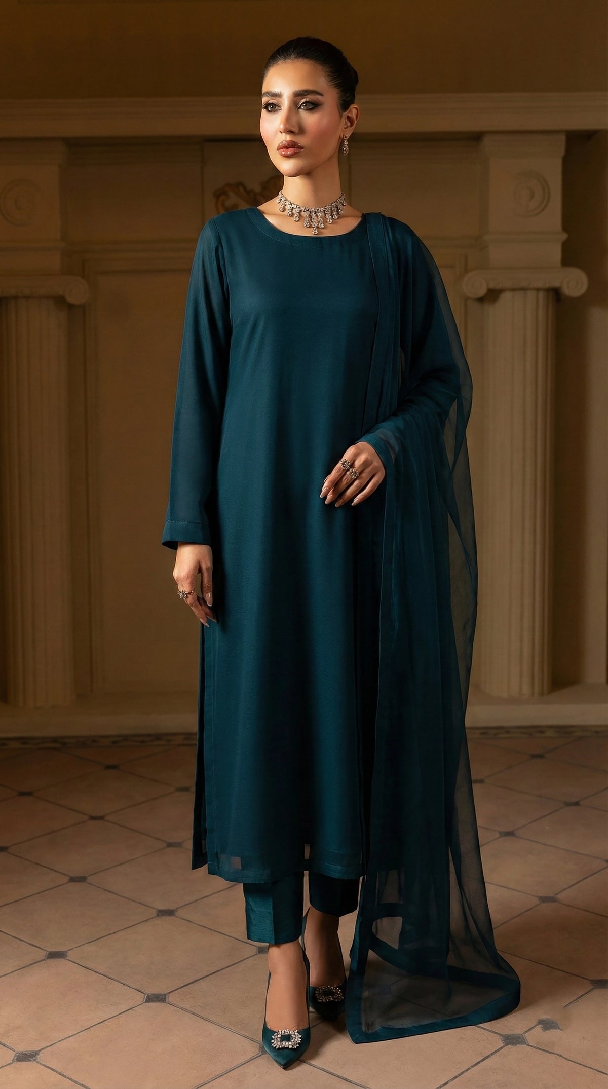 Intergalactic Teal Front Slit Chiffon Frock Set