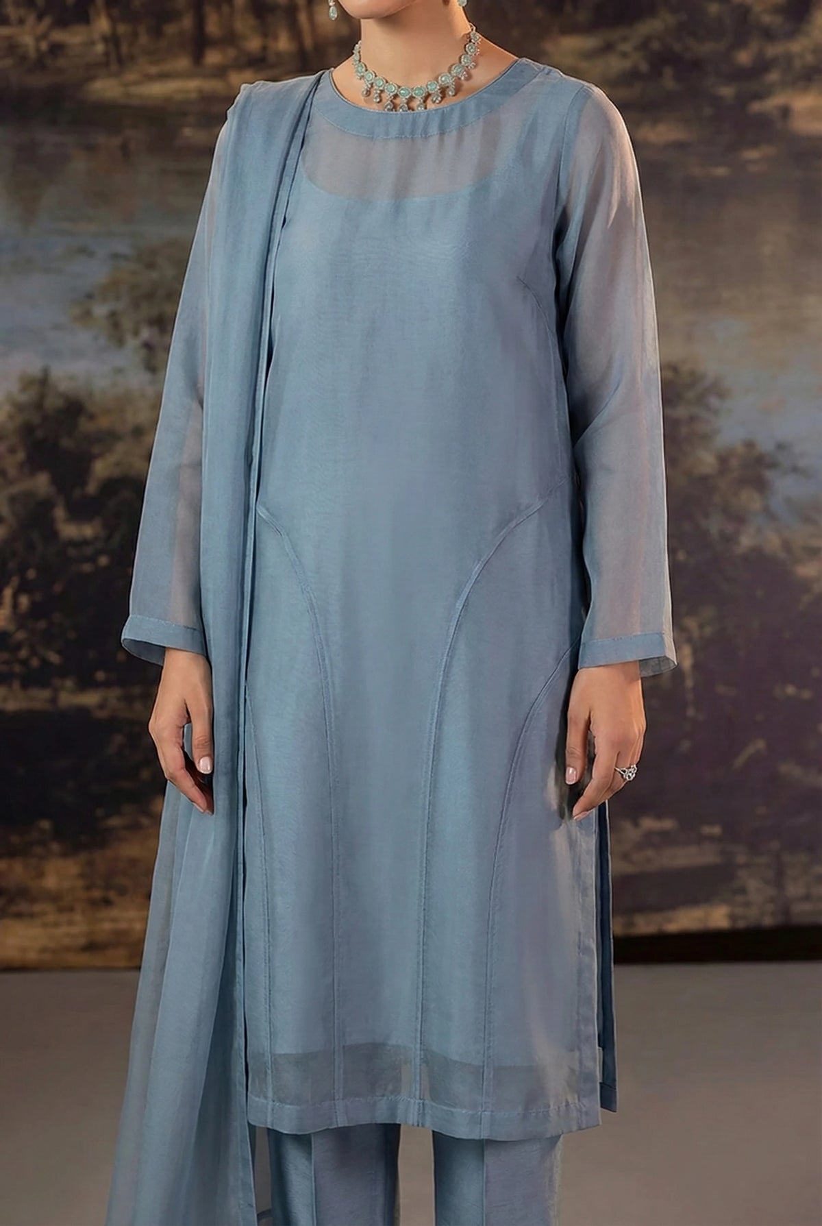 Zinc Blue Premium Front Slit Chiffon Frock Set