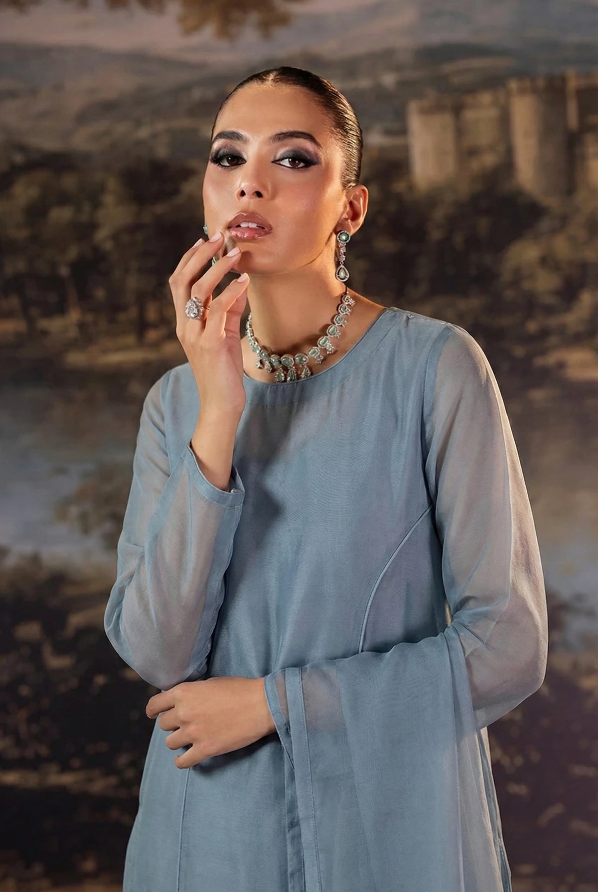 Zinc Blue Premium Front Slit Chiffon Frock Set