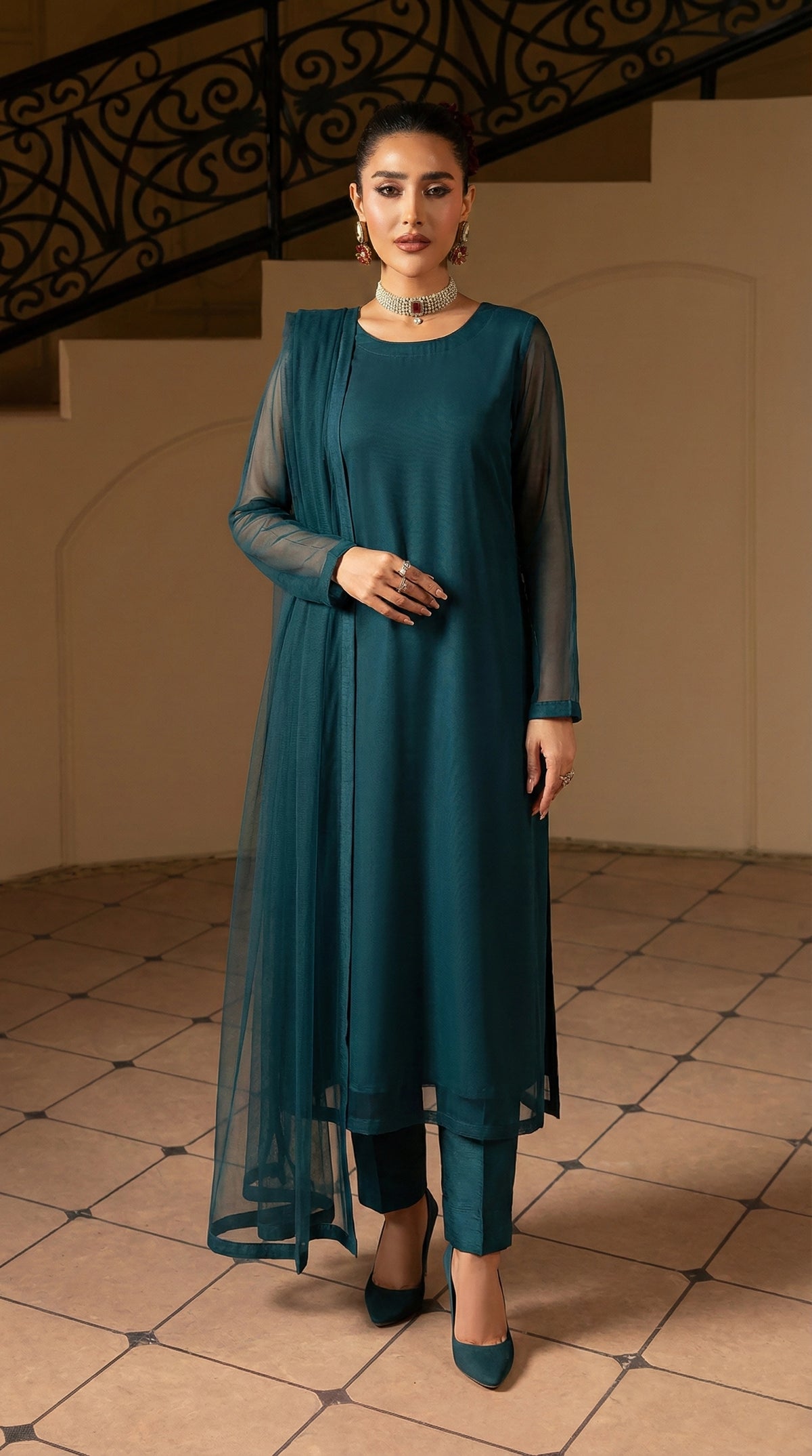 Dark Teal Luxury Chiffon Front Slit Frock Set