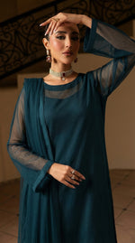 Dark Teal Luxury Chiffon Front Slit Frock Set