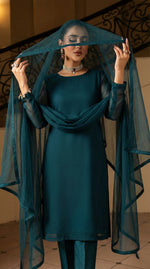 Dark Teal Luxury Chiffon Front Slit Frock Set