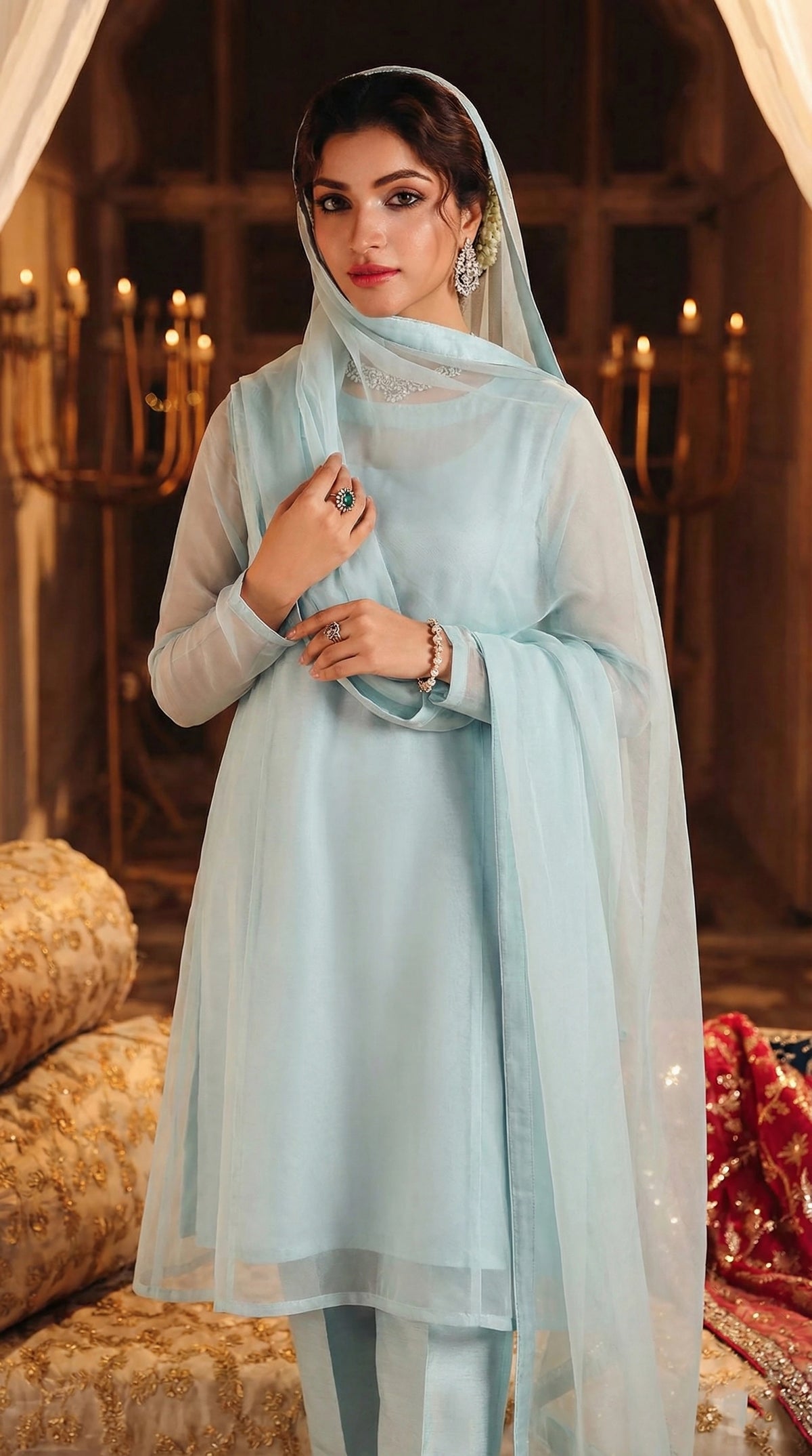Rozaib Aqua Mist Soft Panel Long Dress – 3 Piece Set