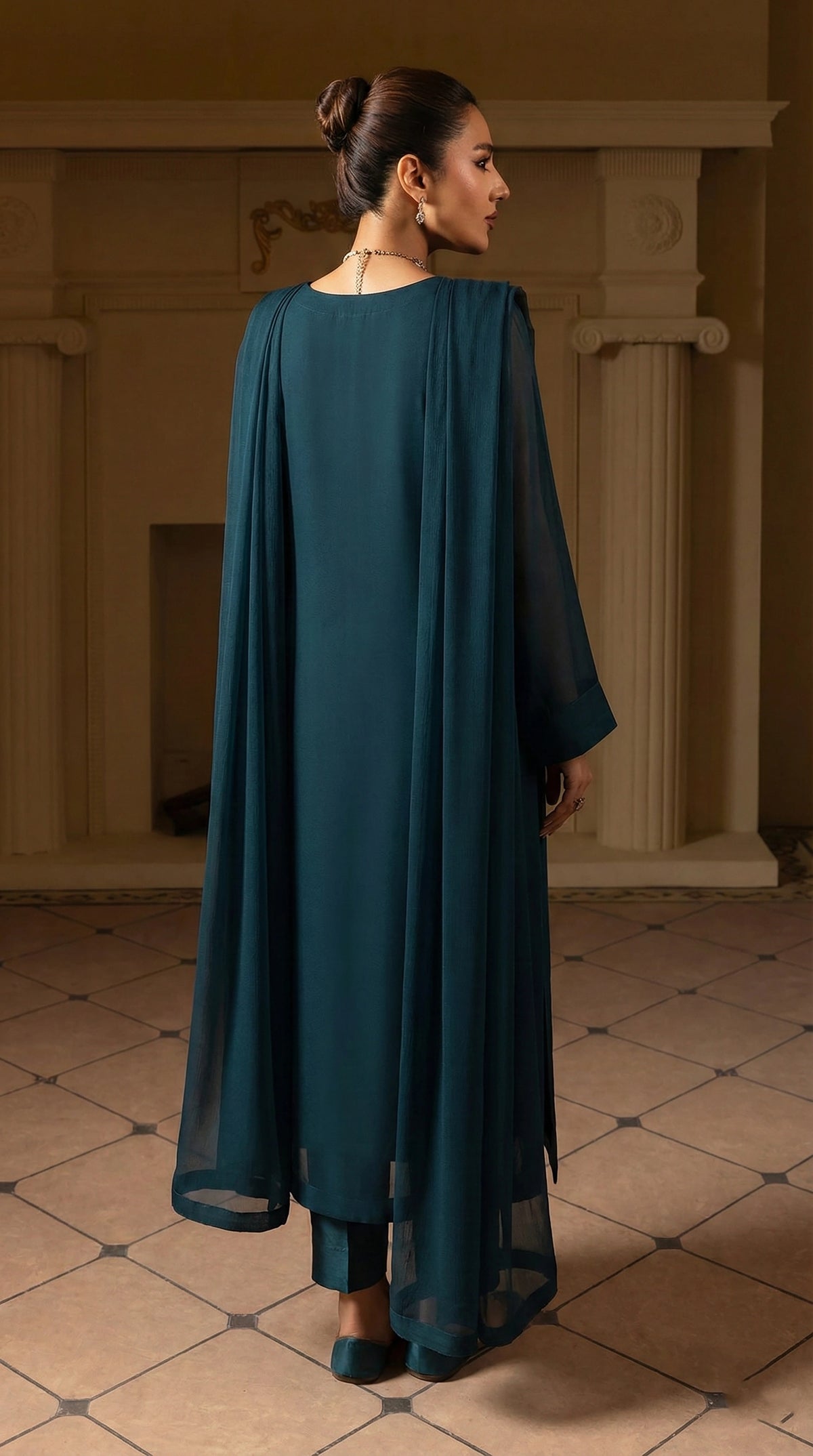 Dark Teal Luxury Chiffon Front Slit Frock Set