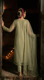 Rozaib Olive Mist Straight Net Kurta – 3 Piece Set