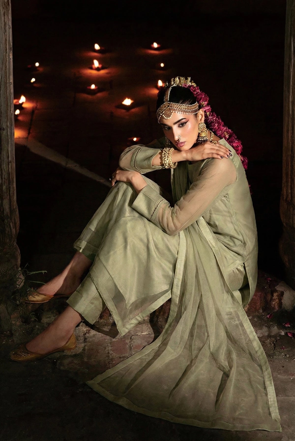 Rozaib Olive Mist Straight Net Kurta – 3 Piece Set