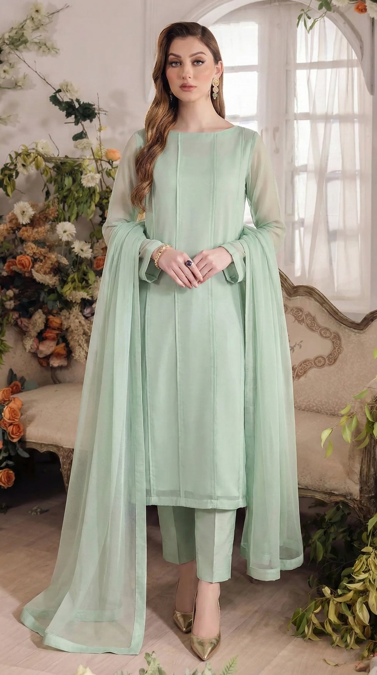 Rozaib Mint Pista Panel Shirt – 3 Piece Set