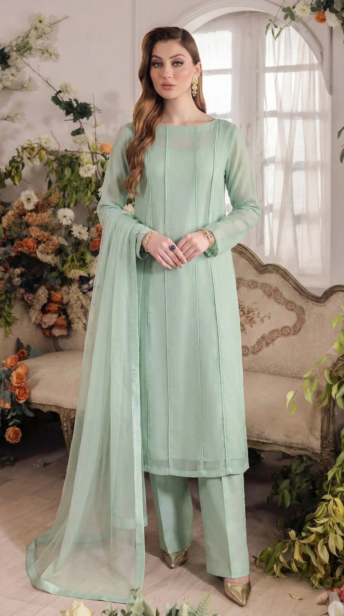Rozaib Mint Pista Panel Shirt – 3 Piece Set