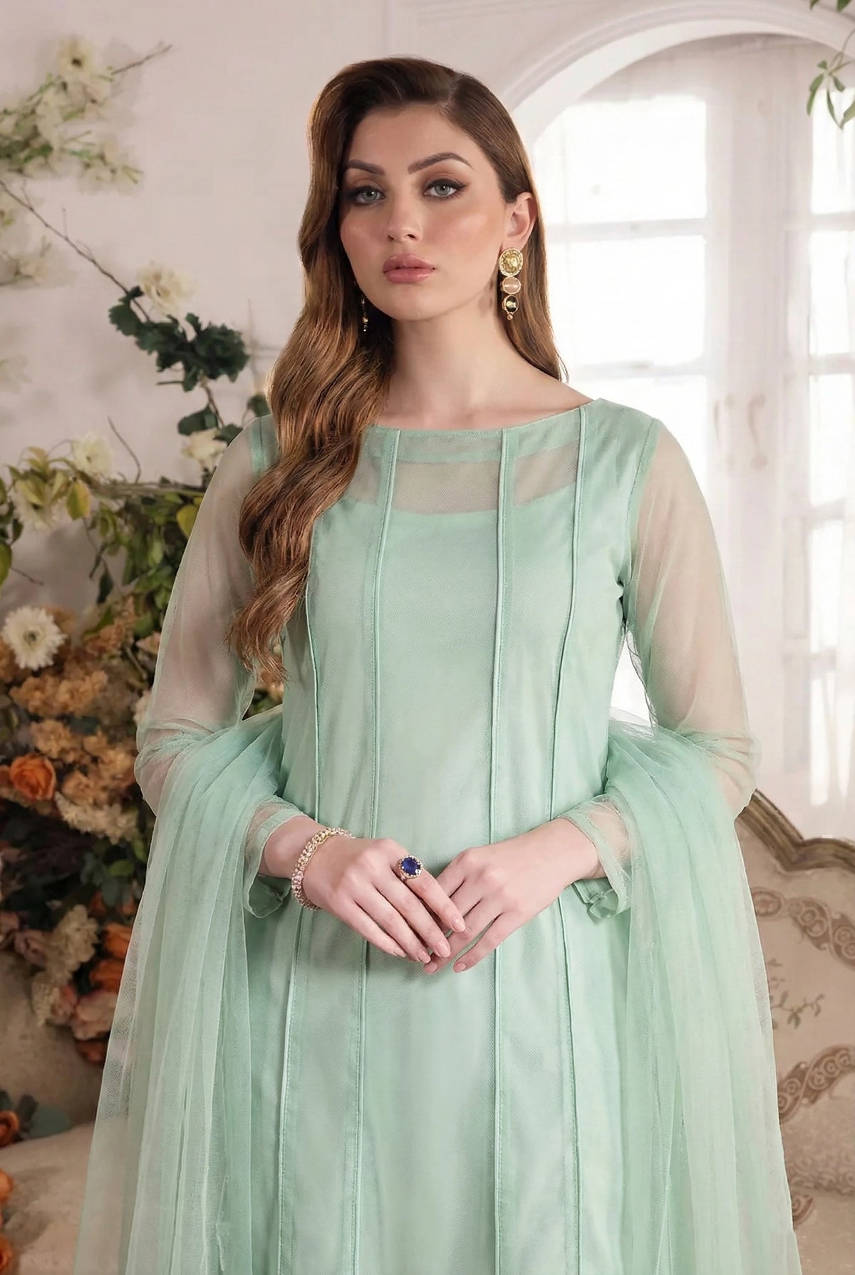 Rozaib Mint Pista Panel Shirt – 3 Piece Set