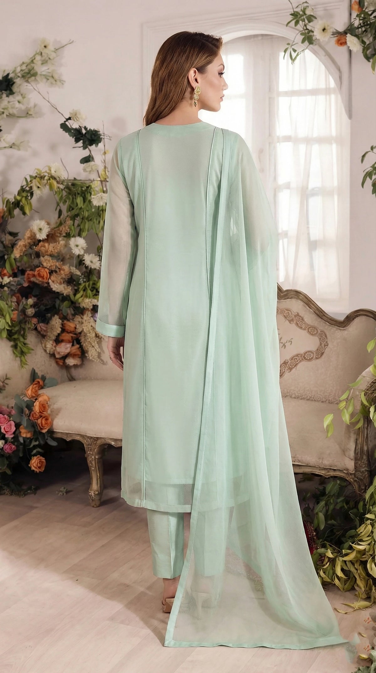 Rozaib Mint Pista Panel Shirt – 3 Piece Set