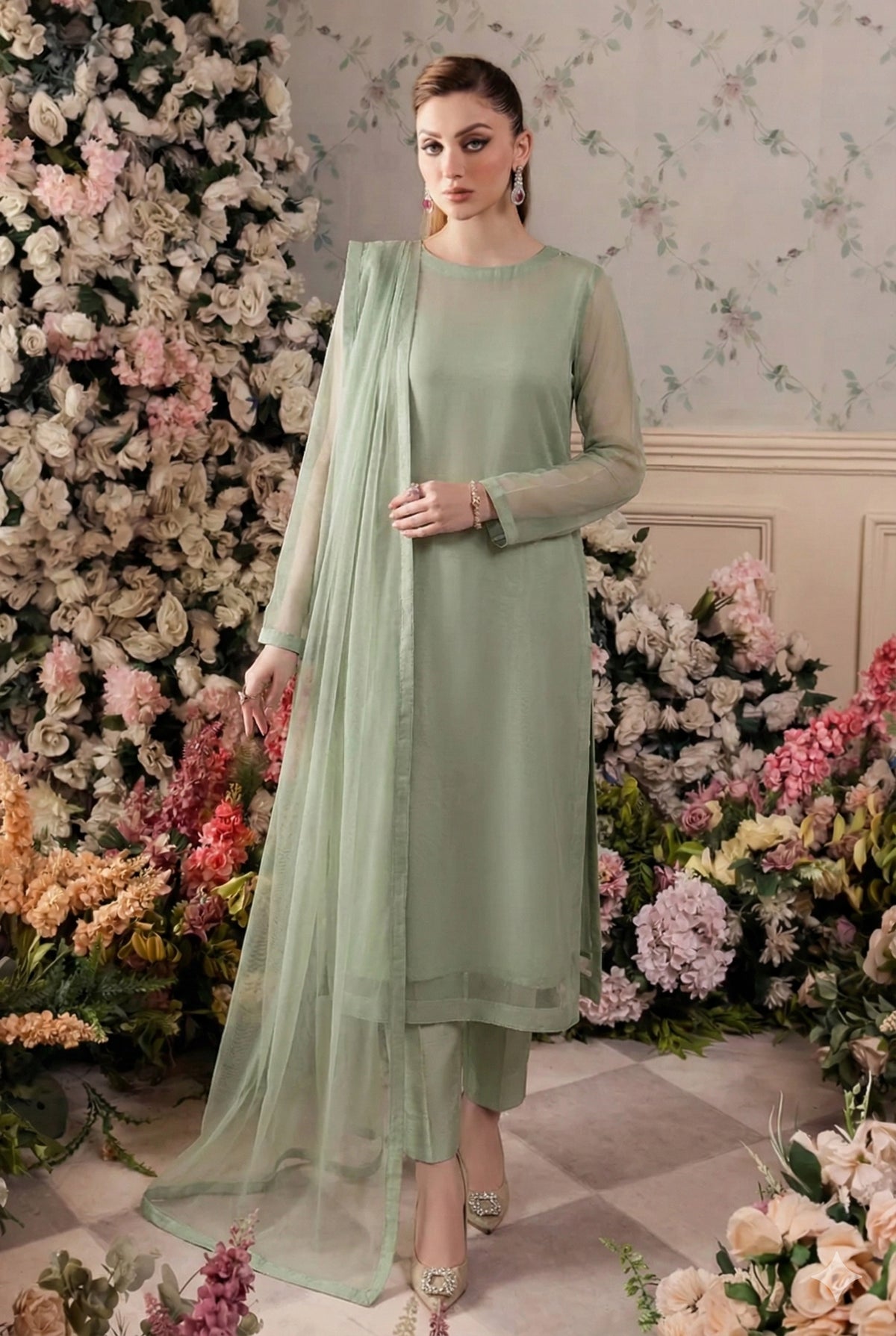 Rozaib Sage Pista Straight Net Kurta – 3 Piece Set
