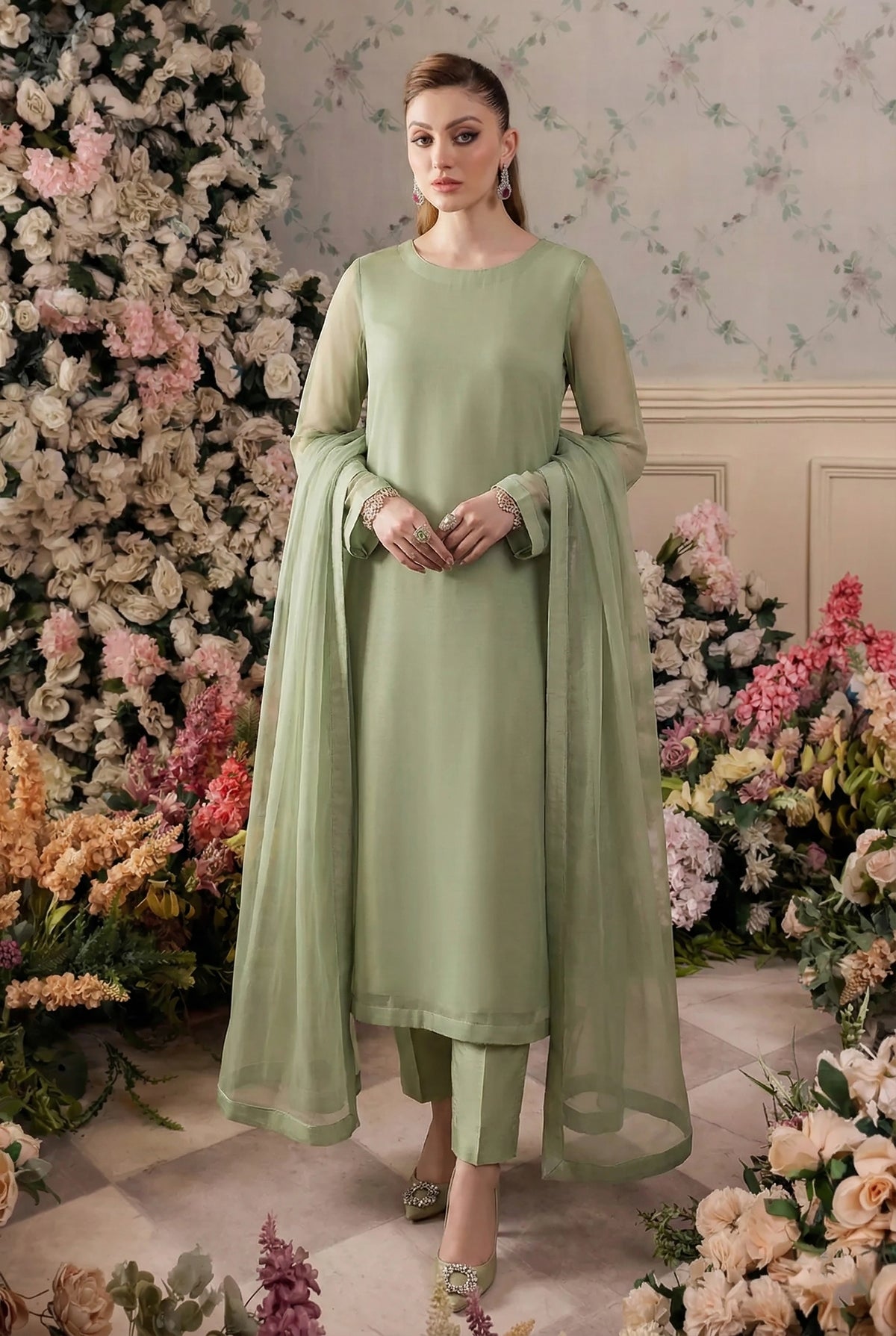 Rozaib Sage Pista Straight Net Kurta – 3 Piece Set
