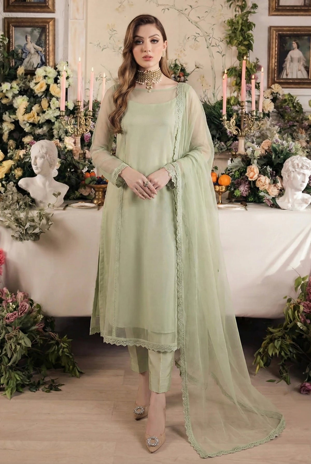 Rozaib Soft Pistachio A-Line Net Kurta – 3 Piece Set