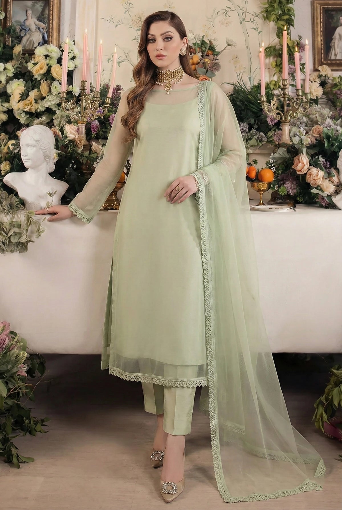 Rozaib Soft Pistachio A-Line Net Kurta – 3 Piece Set
