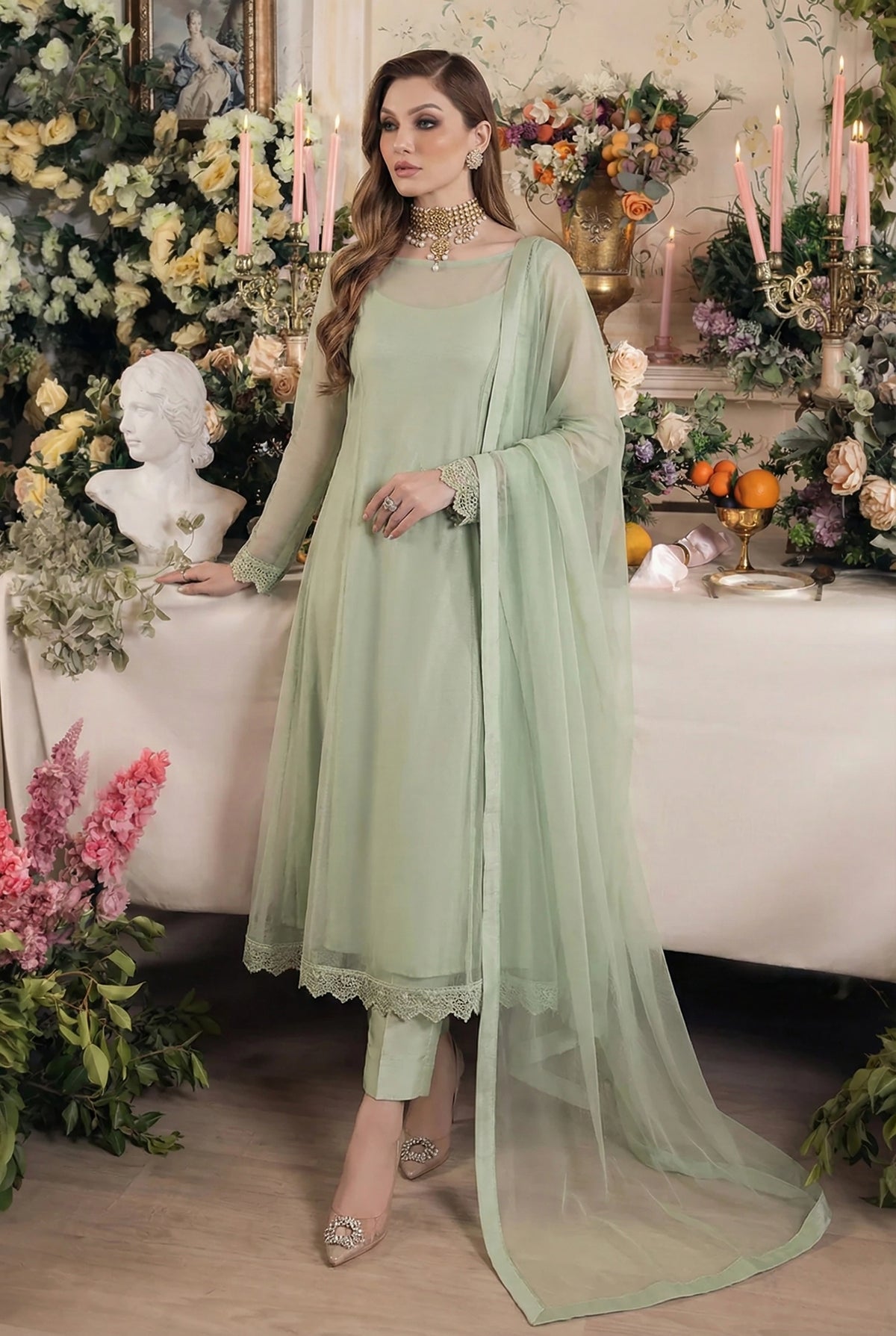 Rozaib Soft Pistachio A-Line Net Kurta – 3 Piece Set