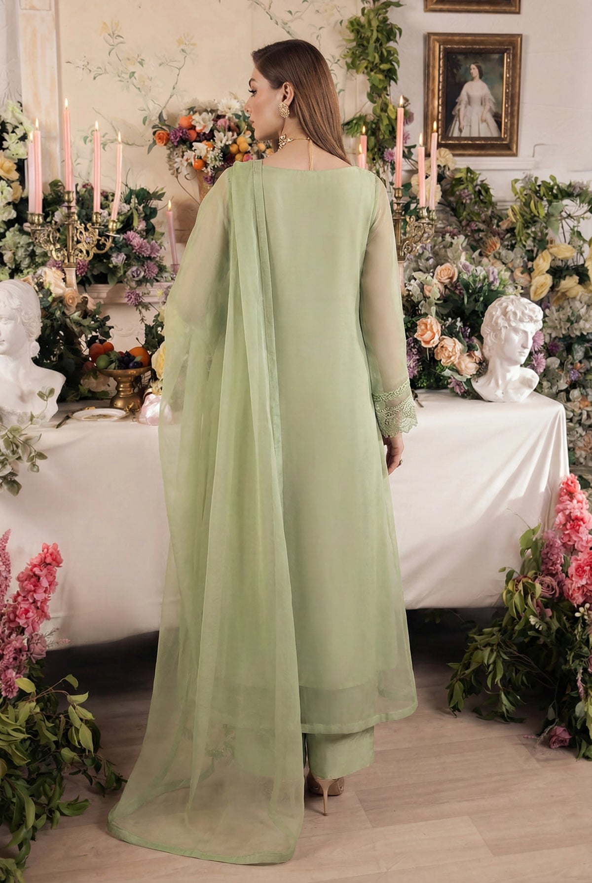 Rozaib Soft Pistachio A-Line Net Kurta – 3 Piece Set