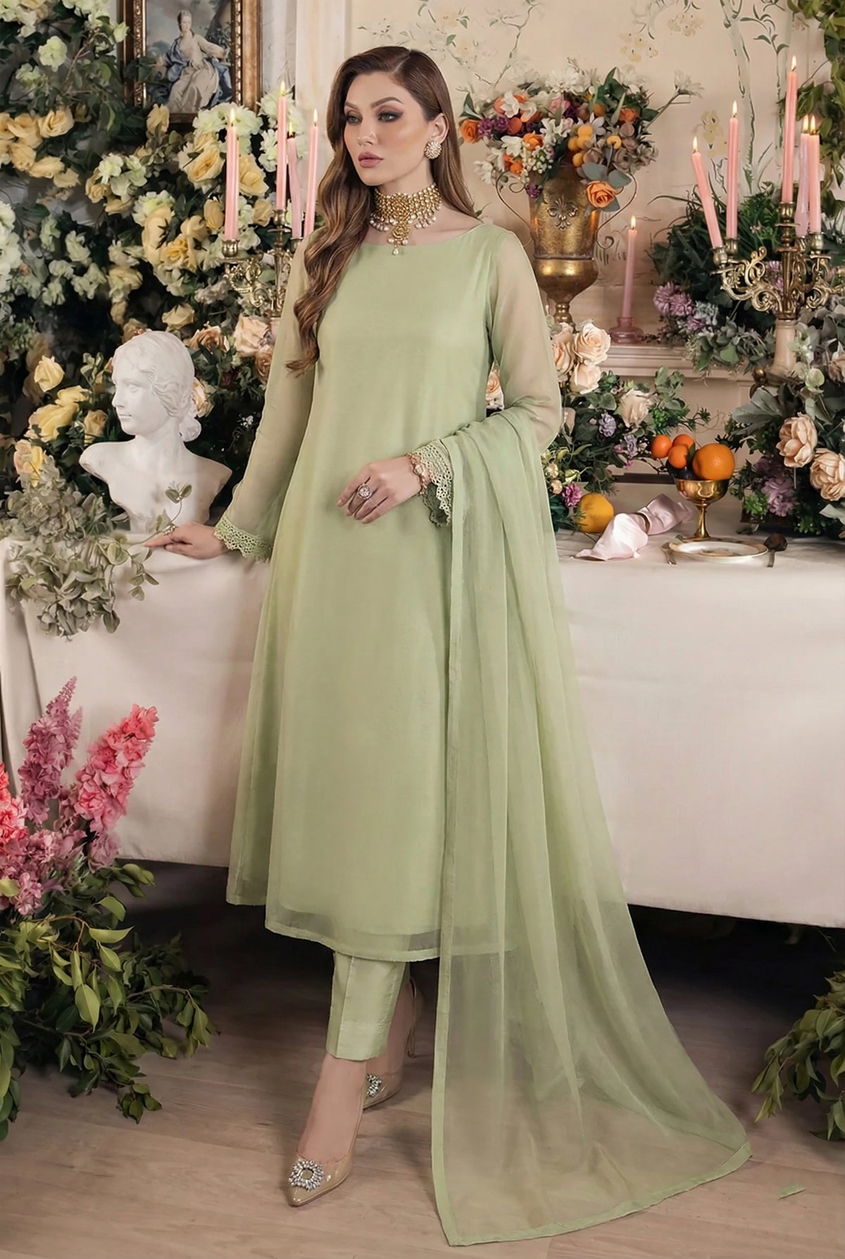 Rozaib Soft Pistachio A-Line Net Kurta – 3 Piece Set