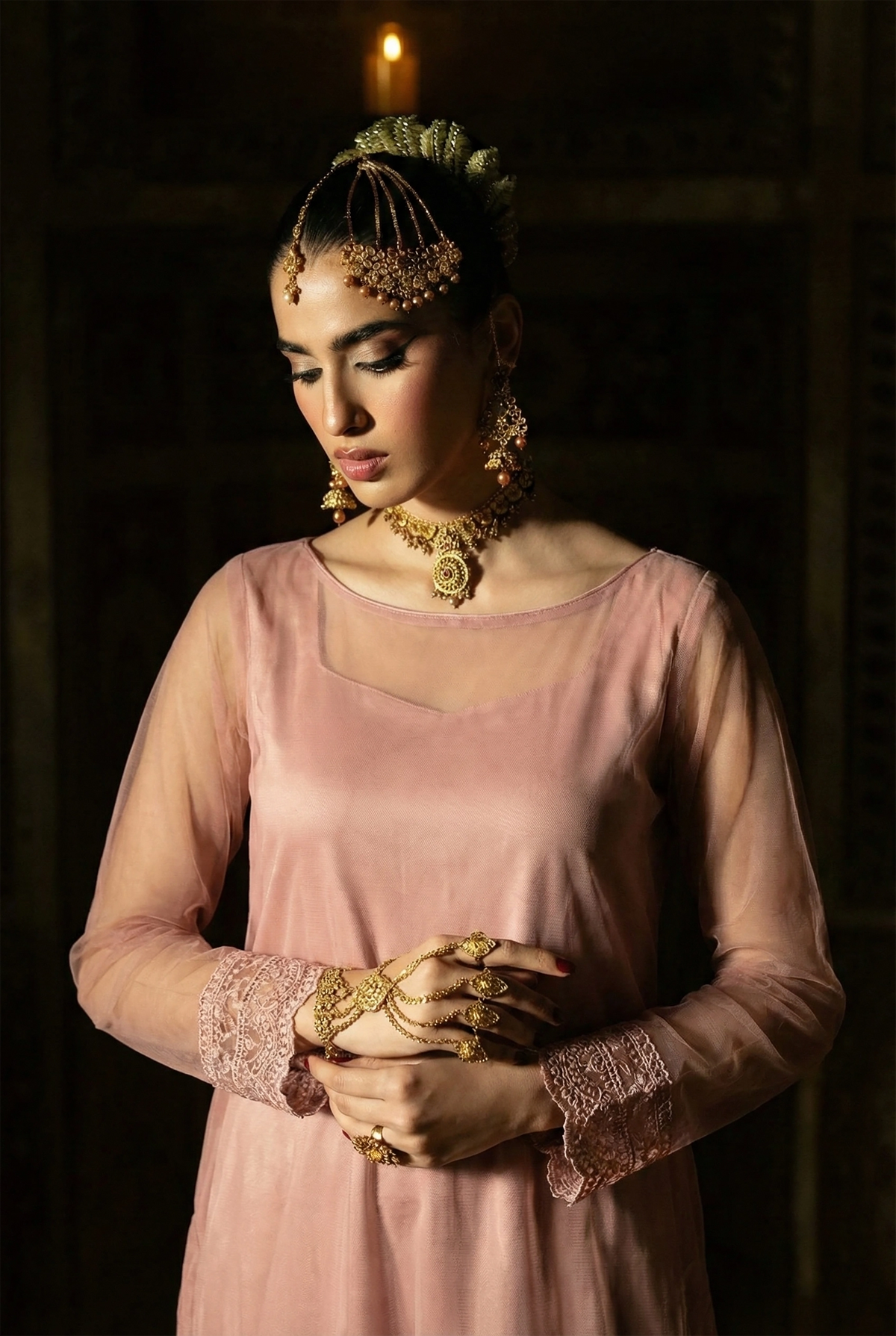 Rozaib Dusty Pink Round-Hem Net Long Shirt – 3 Piece Set