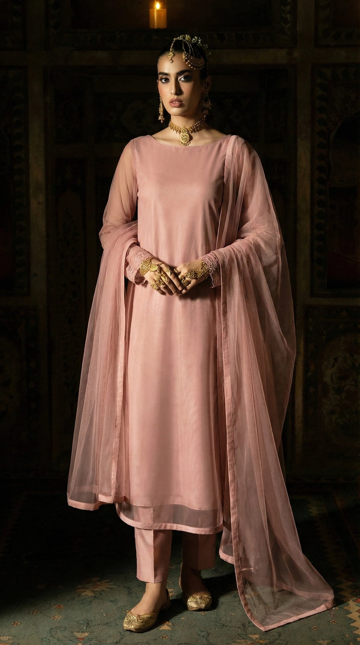 Rozaib Dusty Pink Round-Hem Net Long Shirt – 3 Piece Set