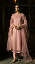 Rozaib Dusty Pink Round-Hem Net Long Shirt – 3 Piece Set