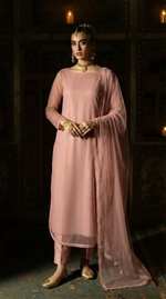 Rozaib Dusty Pink Round-Hem Net Long Shirt – 3 Piece Set