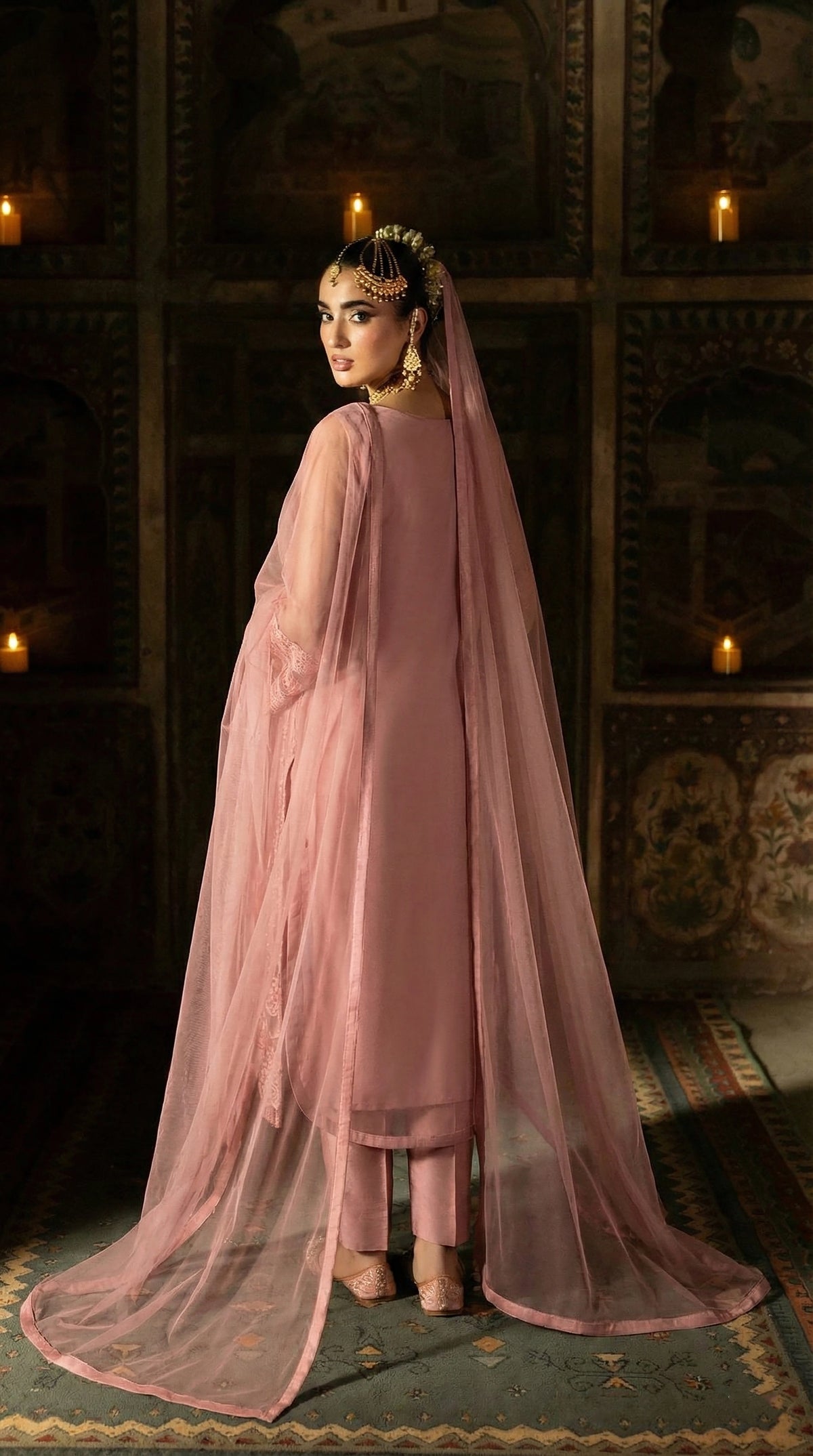 Rozaib Dusty Pink Round-Hem Net Long Shirt – 3 Piece Set