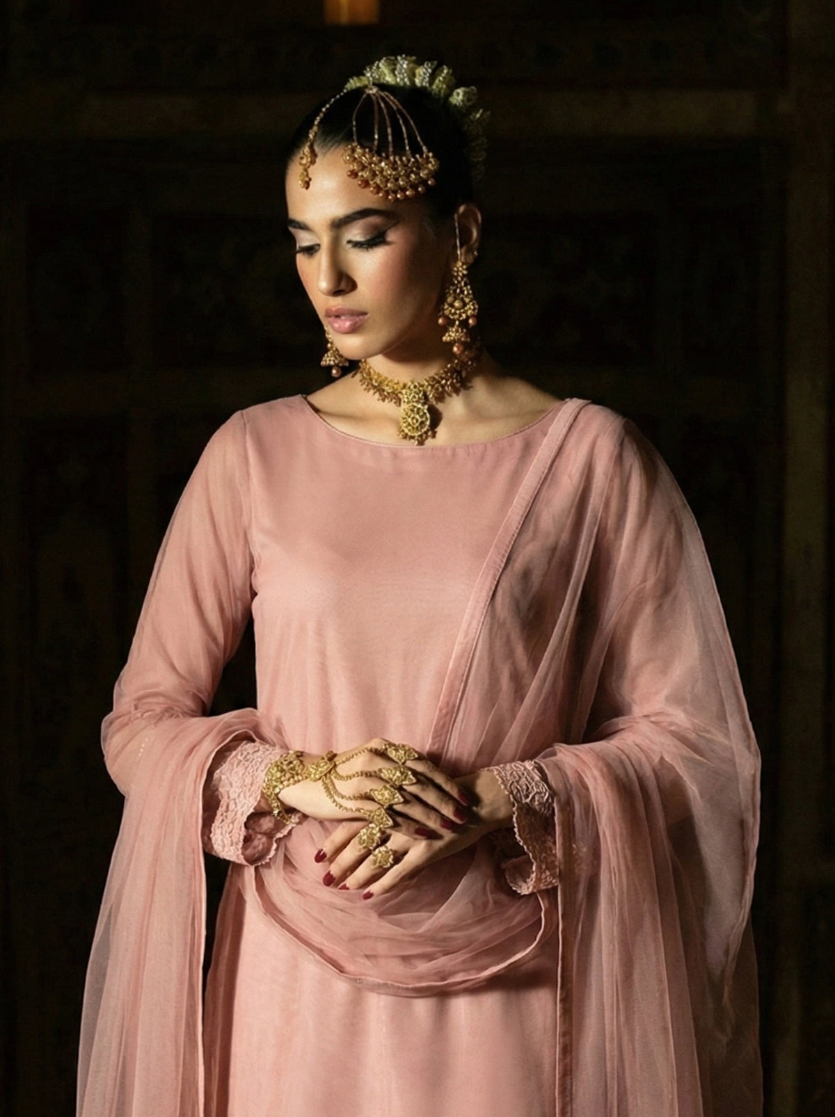 Rozaib Dusty Pink Round-Hem Net Long Shirt – 3 Piece Set