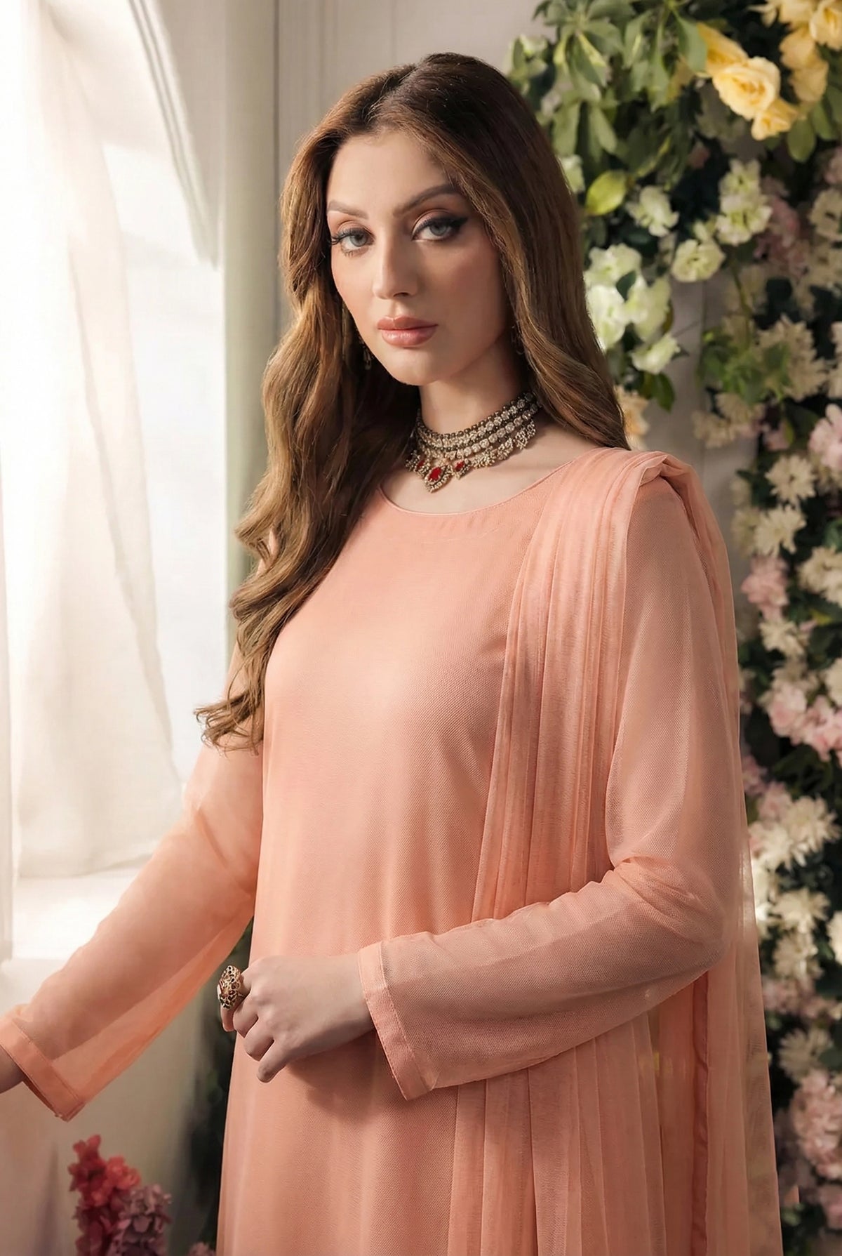 Rozaib Soft Peach Cut-Box Net Kurta – 3 Piece Set