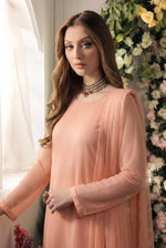 Rozaib Soft Peach Cut-Box Net Kurta – 3 Piece Set