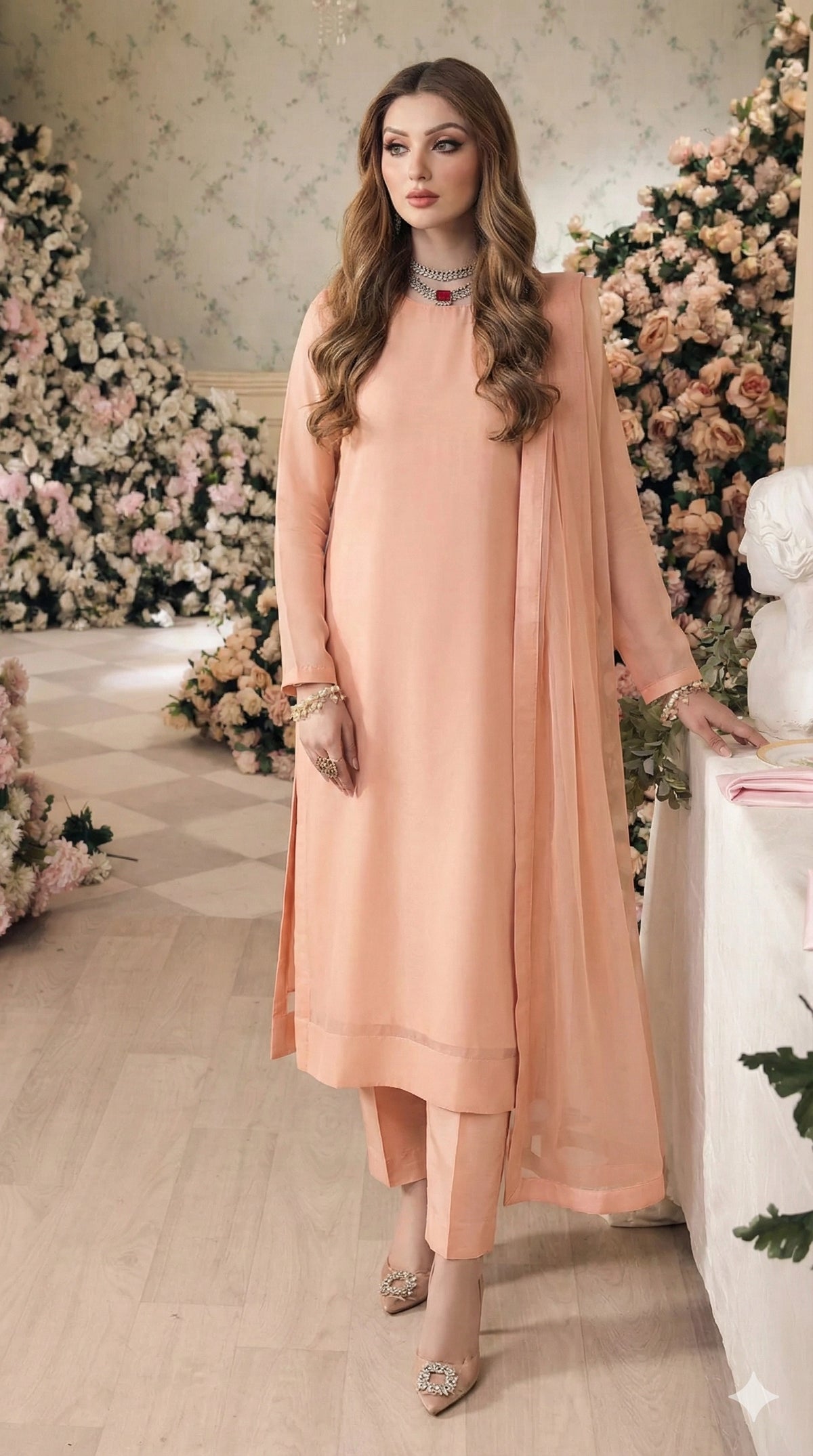 Rozaib Soft Peach Cut-Box Net Kurta – 3 Piece Set