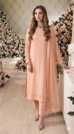 Rozaib Soft Peach Cut-Box Net Kurta – 3 Piece Set