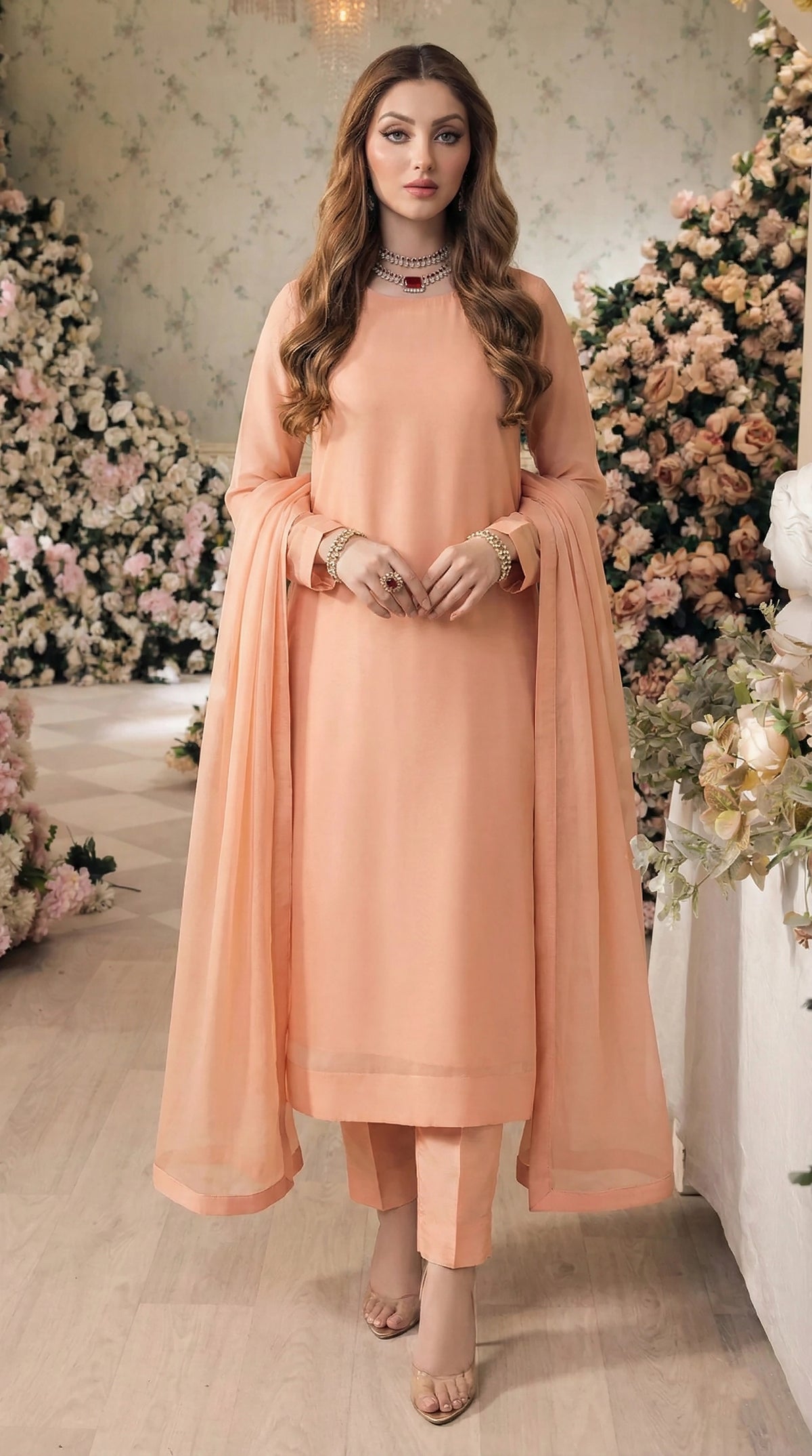 Rozaib Soft Peach Cut-Box Net Kurta – 3 Piece Set