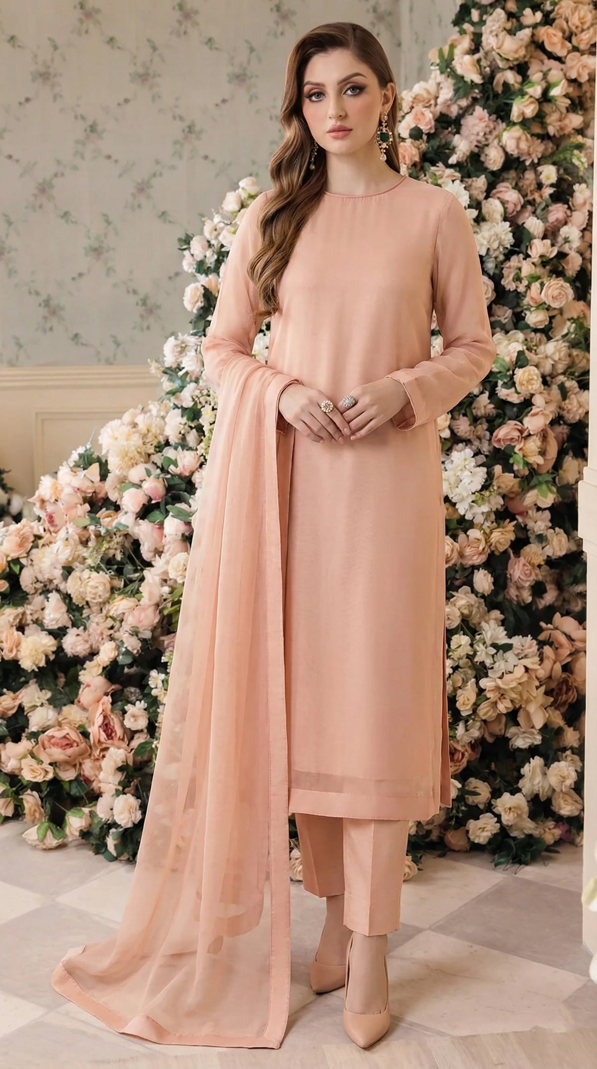 Rozaib Peach Blush Straight Net Shirt – Neck Piping Edition (3 Piece)