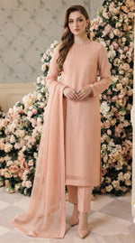 Rozaib Peach Blush Straight Net Shirt – Neck Piping Edition (3 Piece)