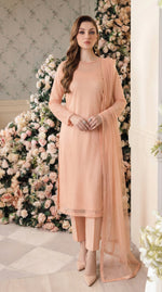 Rozaib Peach Blush Straight Net Shirt – Neck Piping Edition (3 Piece)