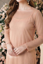 Rozaib Peach Blush Straight Net Shirt – Neck Piping Edition (3 Piece)