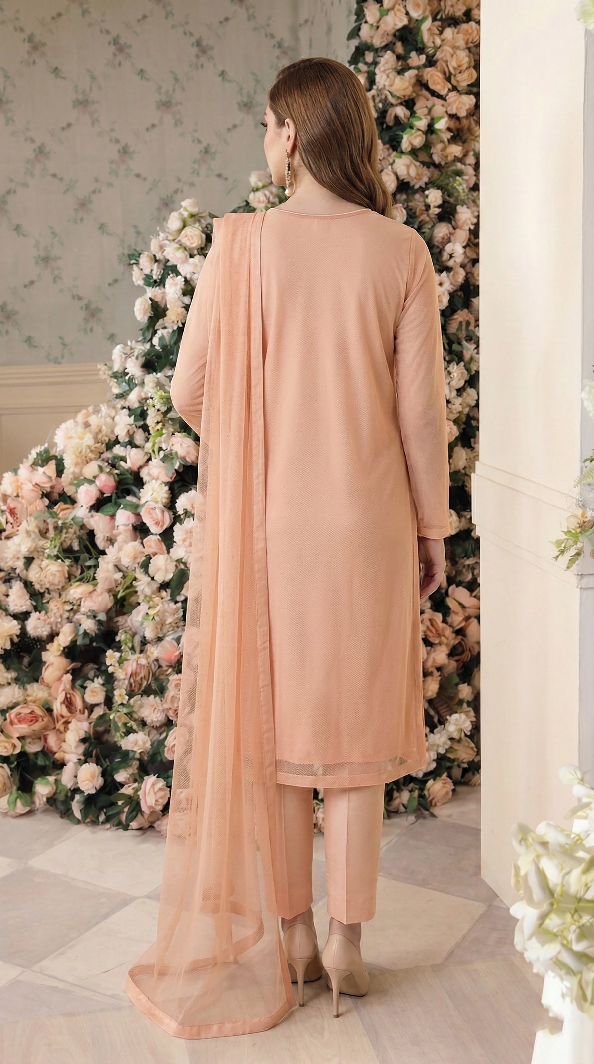 Rozaib Peach Blush Straight Net Shirt – Neck Piping Edition (3 Piece)