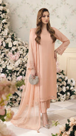 Rozaib Powder Peach Straight Net Shirt – Lace Sleeve Edition (3 Piece)