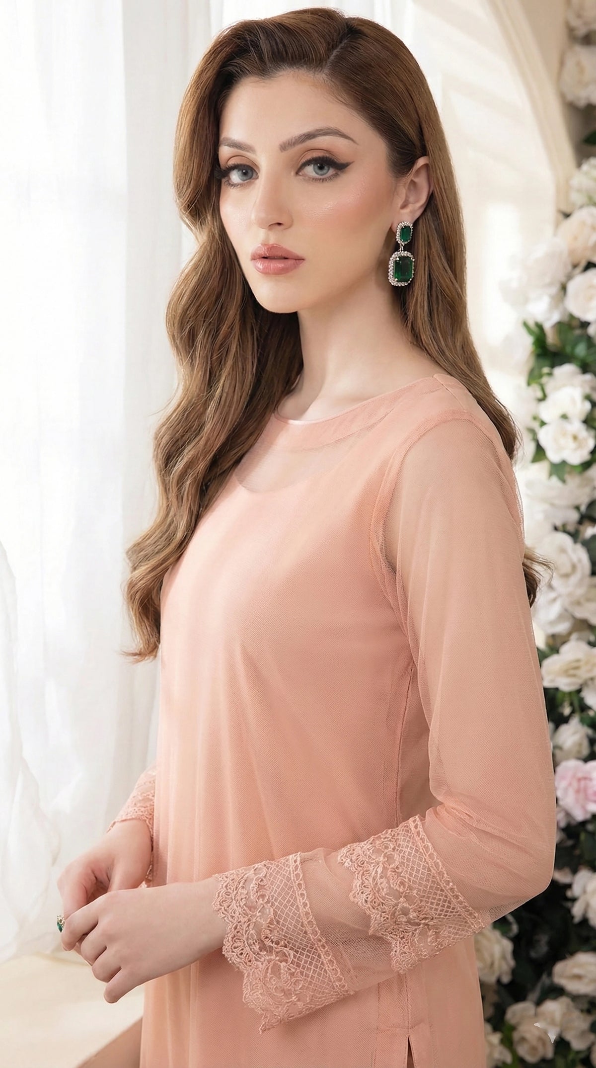 Rozaib Powder Peach Straight Net Shirt – Lace Sleeve Edition (3 Piece)
