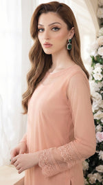 Rozaib Powder Peach Straight Net Shirt – Lace Sleeve Edition (3 Piece)