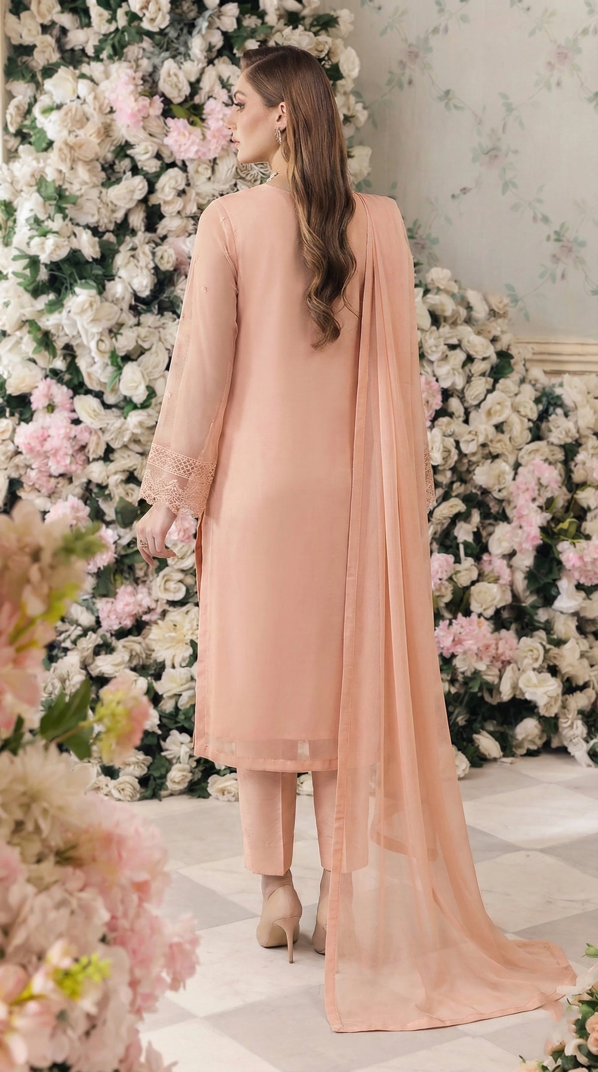 Rozaib Powder Peach Straight Net Shirt – Lace Sleeve Edition (3 Piece)