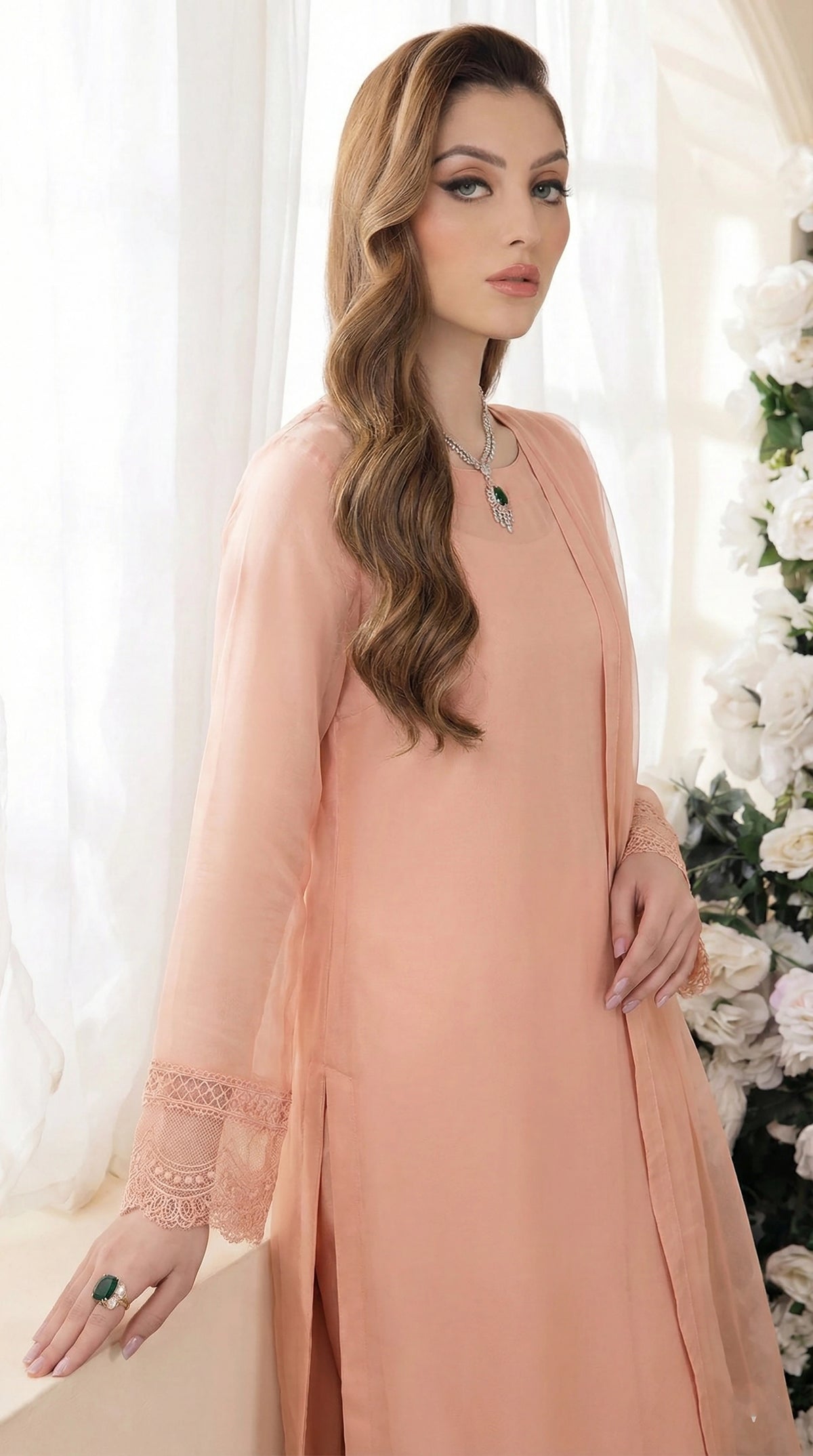 Rozaib Powder Peach Straight Net Shirt – Lace Sleeve Edition (3 Piece)