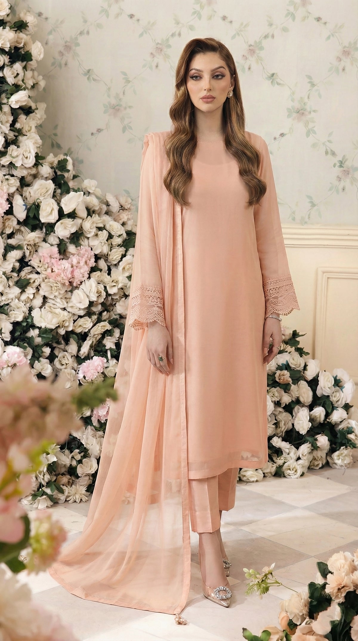 Rozaib Powder Peach Straight Net Shirt – Lace Sleeve Edition (3 Piece)
