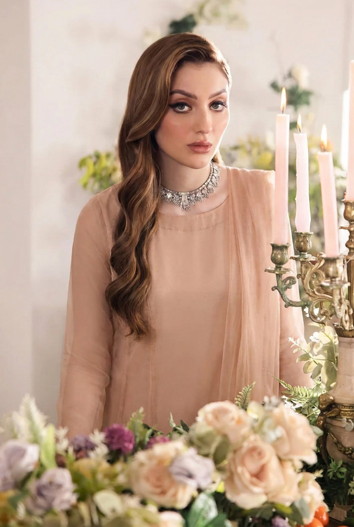 Rozaib Nude Peach A-Line Net Kurta – 3 Piece Set